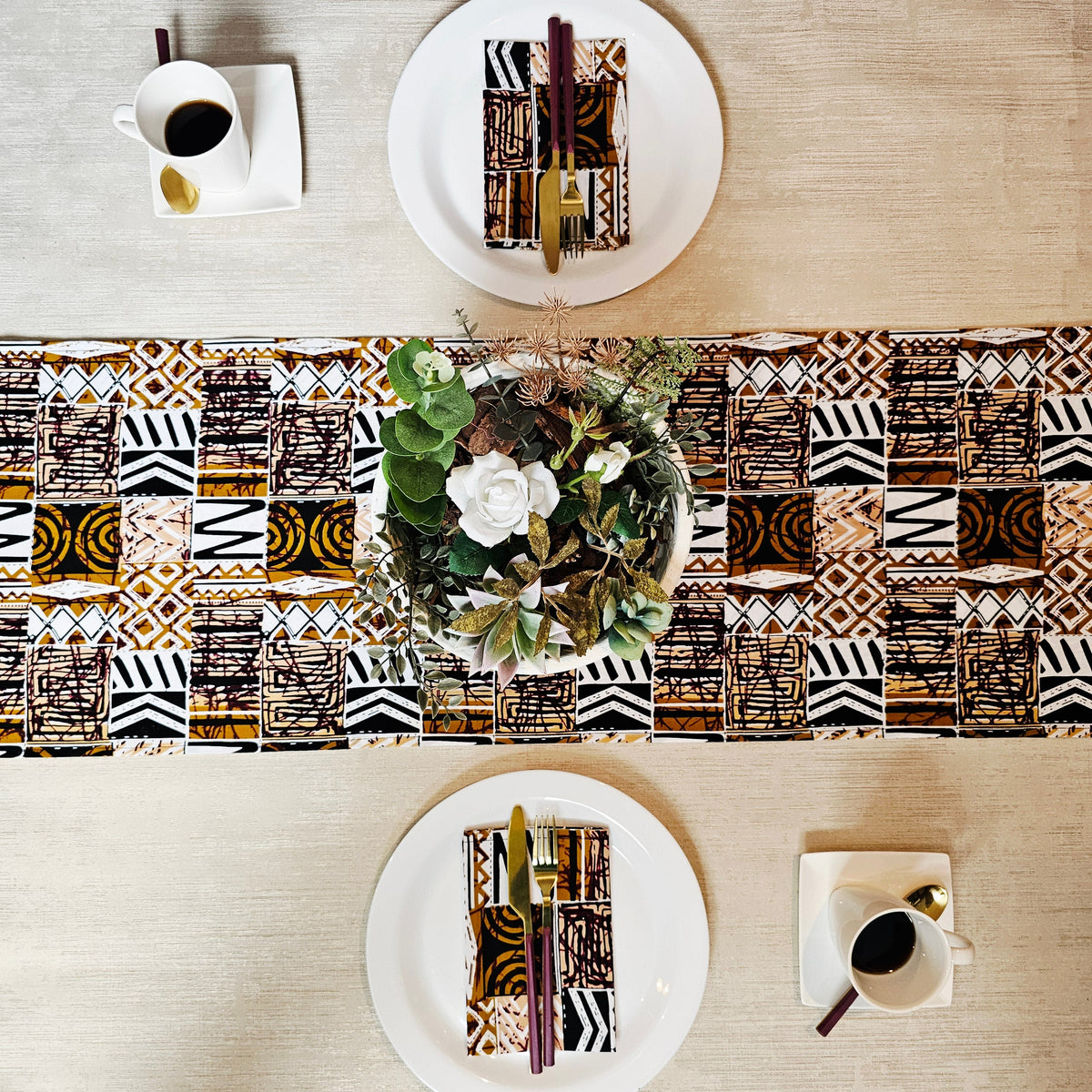 Handmade Table Runner and Set of 8 Napkins | African Print "Mudcloth" Bogolan Inspired Print Made from 100% African Print Fabric-1