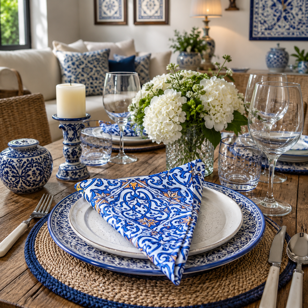 Set of 12 Synthetic Cloths Napkins Mediterranean Tile 13.8 x 13.8 in