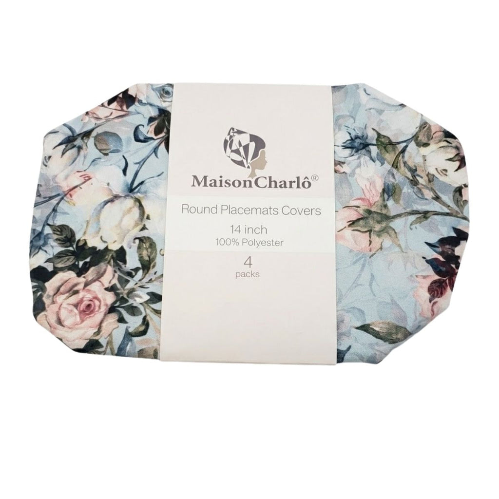 Set of 4 Round Placemats Covers 14 Dia inch Blue Floral Vintage
