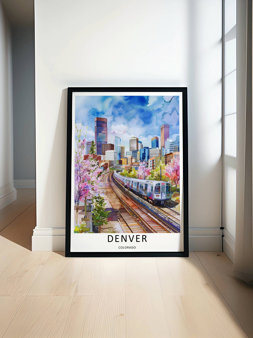 Denver Watercolor Art Print: Transit Skyline Colorado Travel Poster