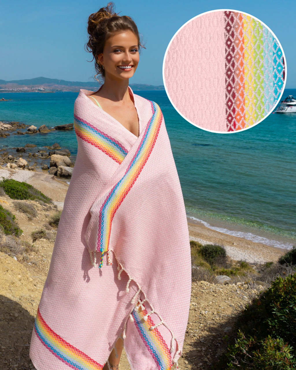 RAINBOW Beach Towel, Turkish Hammam Towel, Spa & Sauna Towel - Pink-0