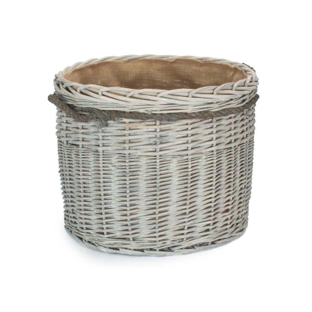 Wicker Grey Wash Round Hessian Lined Log Basket-3