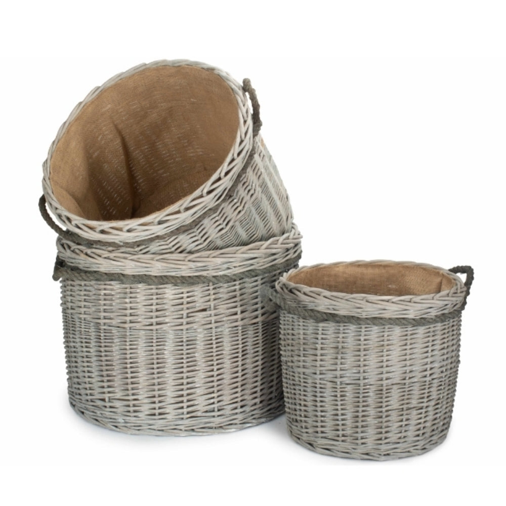 Wicker Grey Wash Round Hessian Lined Log Basket-0