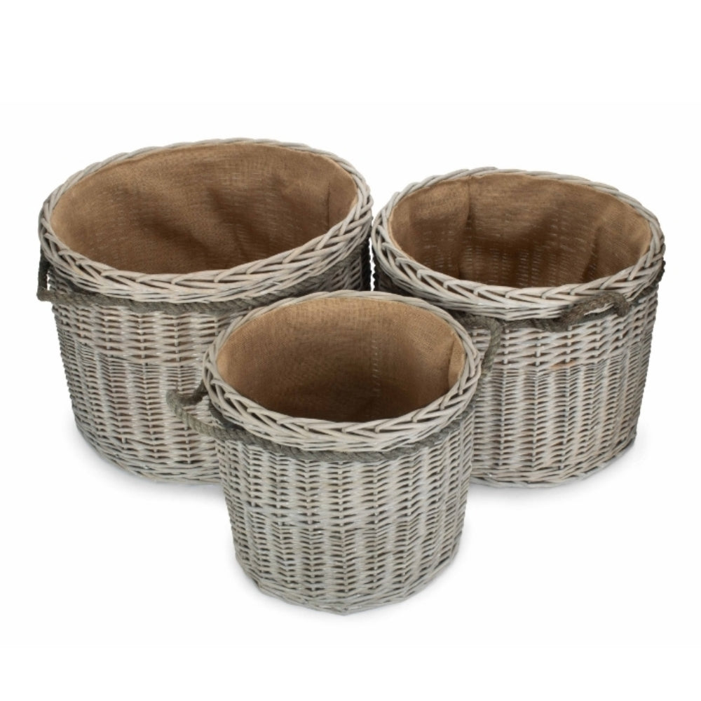 Wicker Grey Wash Round Hessian Lined Log Basket-1