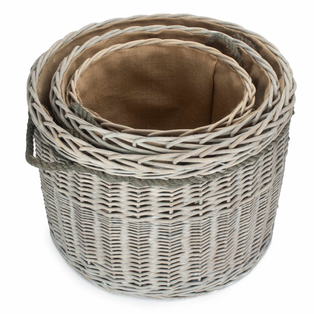 Wicker Grey Wash Round Hessian Lined Log Basket-2