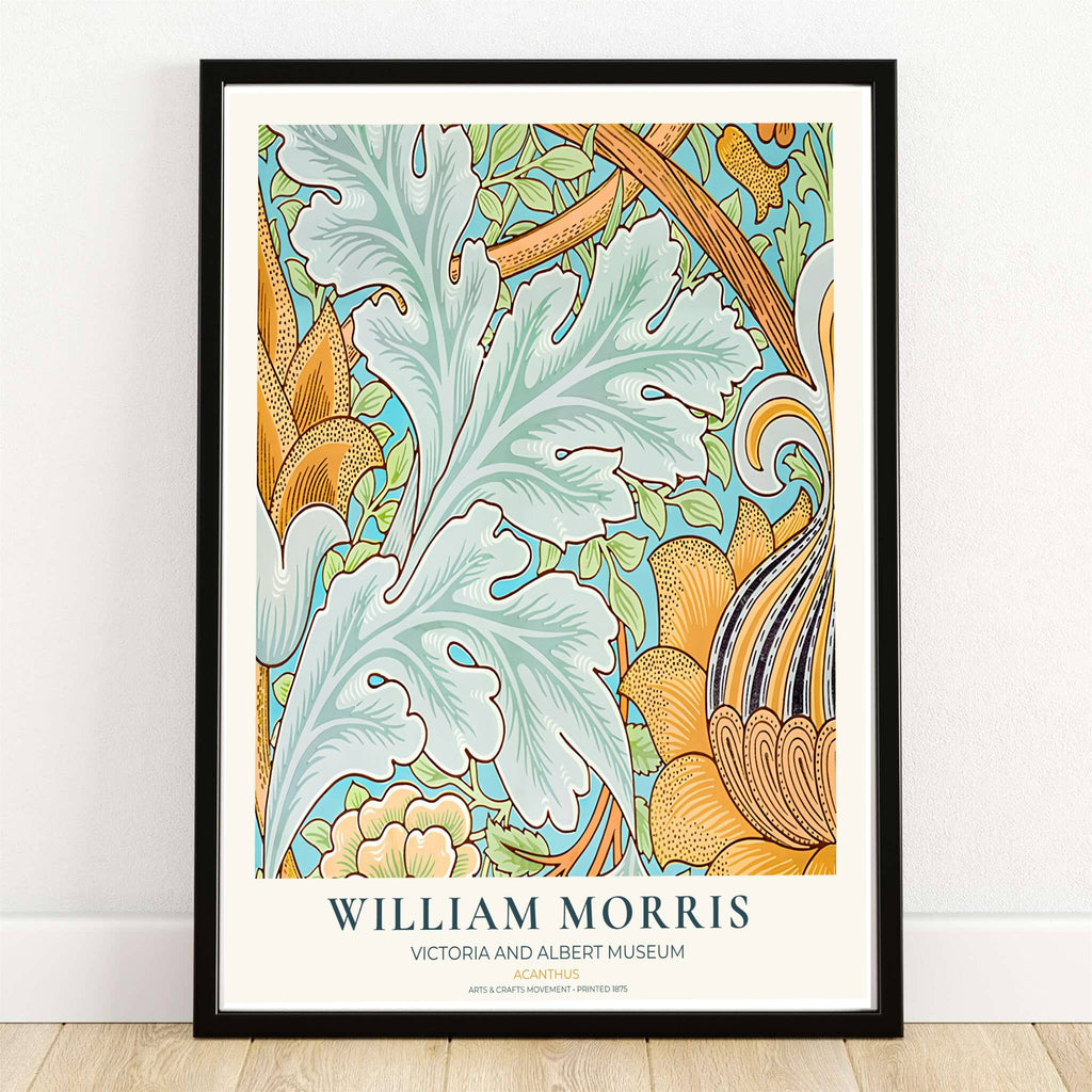 William Morris Acanthus Blue Yellow Leaf Vintage Exhibition Print Framed Art Poster