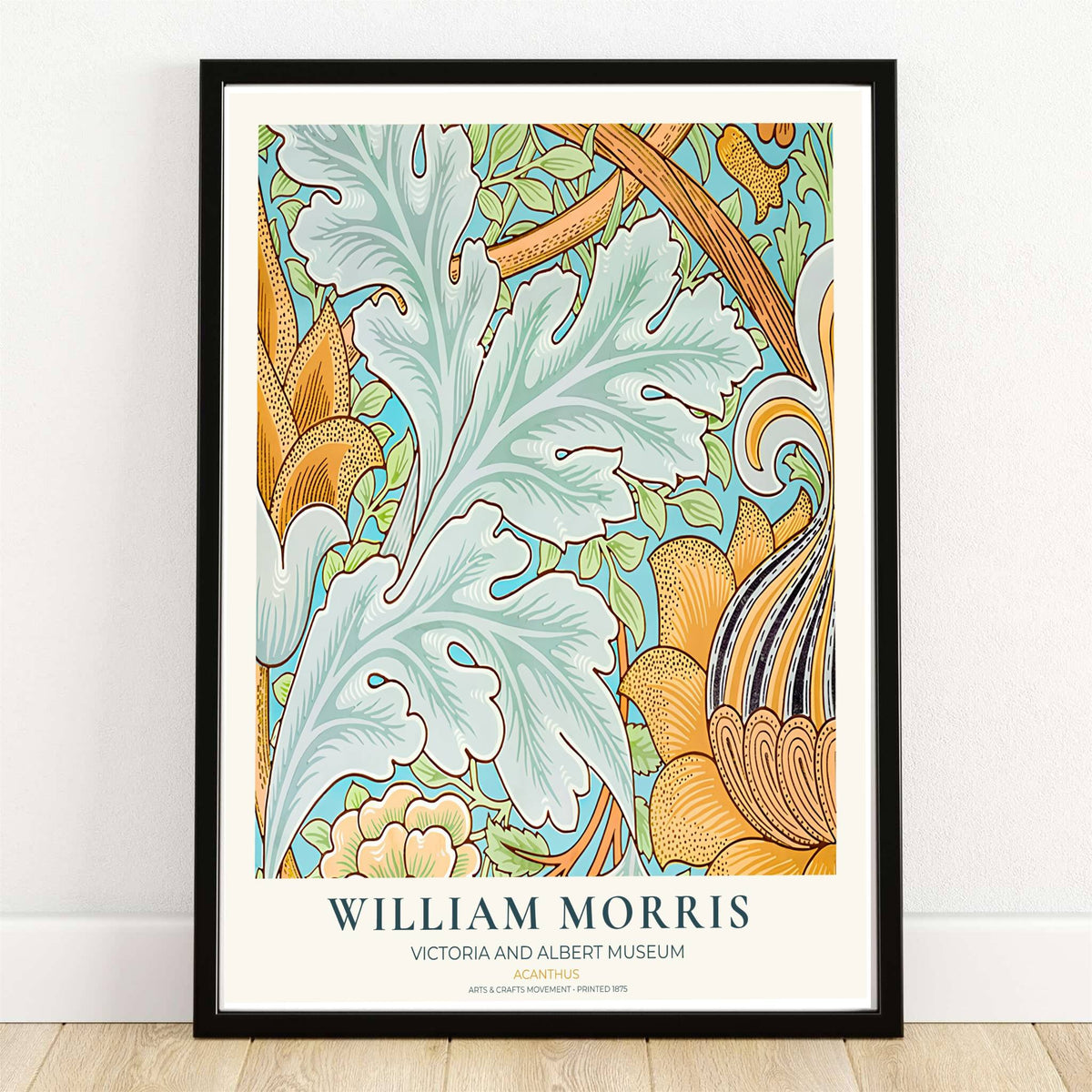 William Morris Acanthus Blue Yellow Leaf Vintage Exhibition Print Framed Art Poster