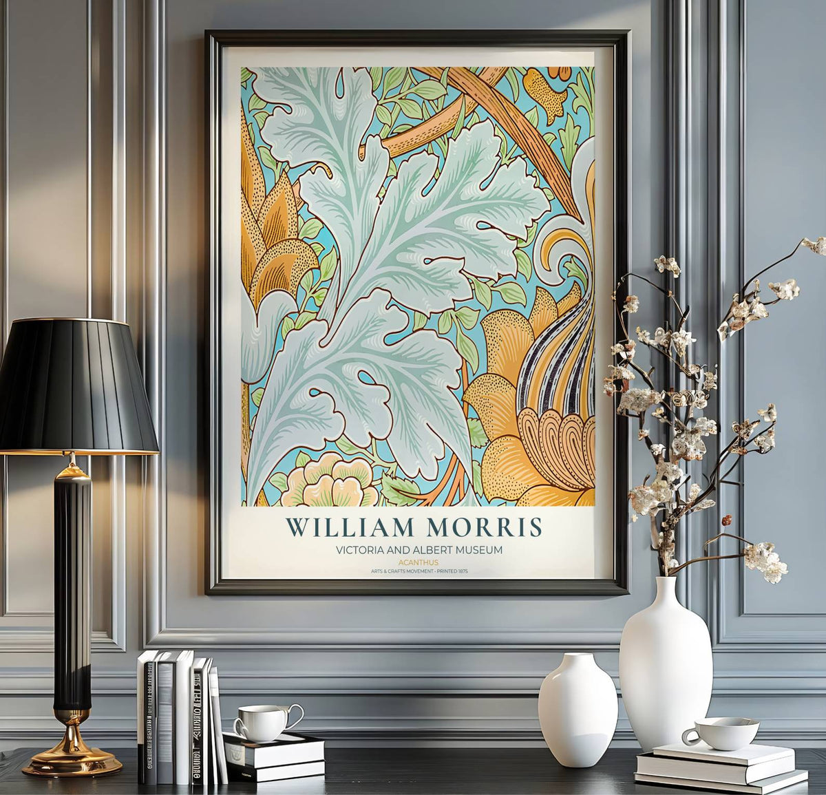William Morris Acanthus Blue Yellow Leaf Vintage Exhibition Print Framed Art Poster