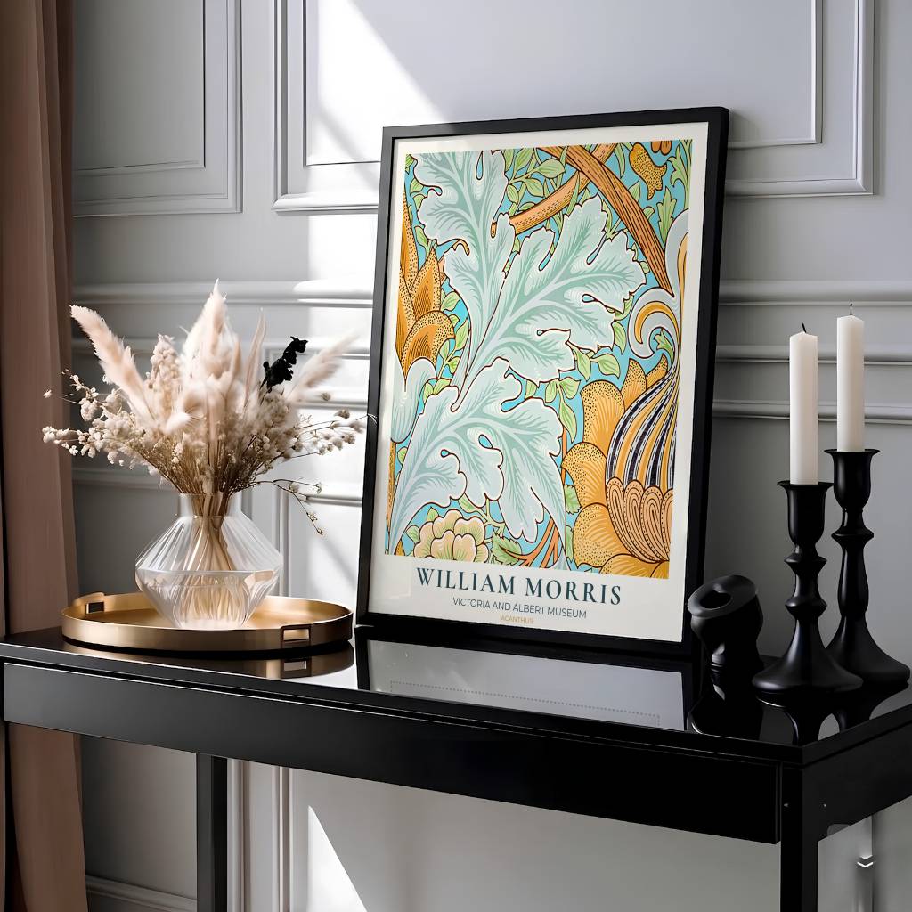 William Morris Acanthus Blue Yellow Leaf Vintage Exhibition Print Framed Art Poster