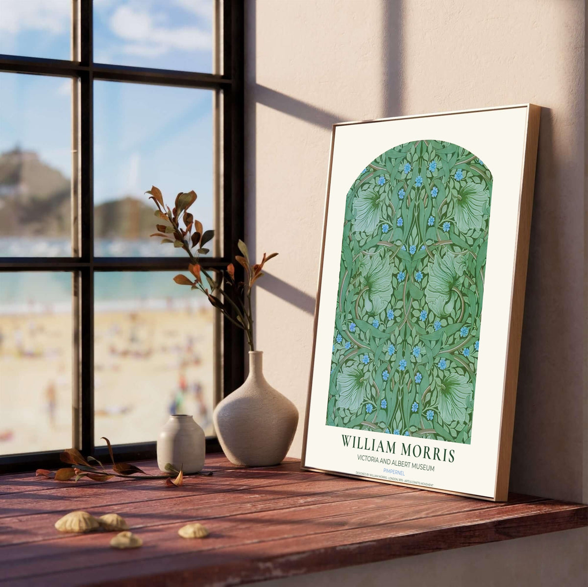 William Morris Pimpernel Green Blue Floral Vintage Exhibition Framed Wall Poster