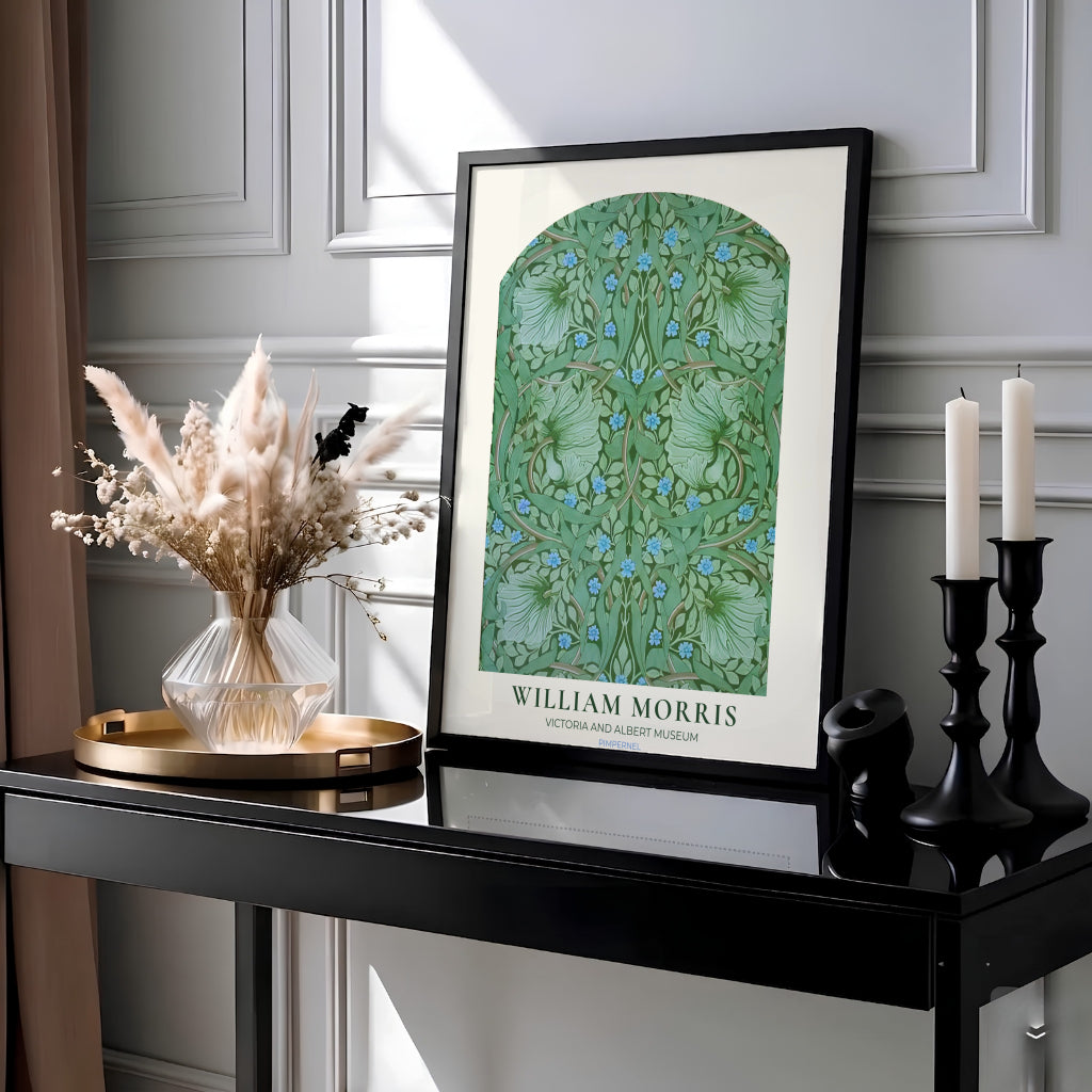 William Morris Pimpernel Green Blue Floral Vintage Exhibition Framed Wall Poster